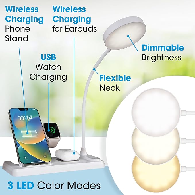 OttLite LED Desk Lamp with Charging Station, Multi-Device Desk Lamp with Wireless Charger, Book Light, Table Lamp Reading Light, Work Light, Desk Lights for Home Office or Bedside