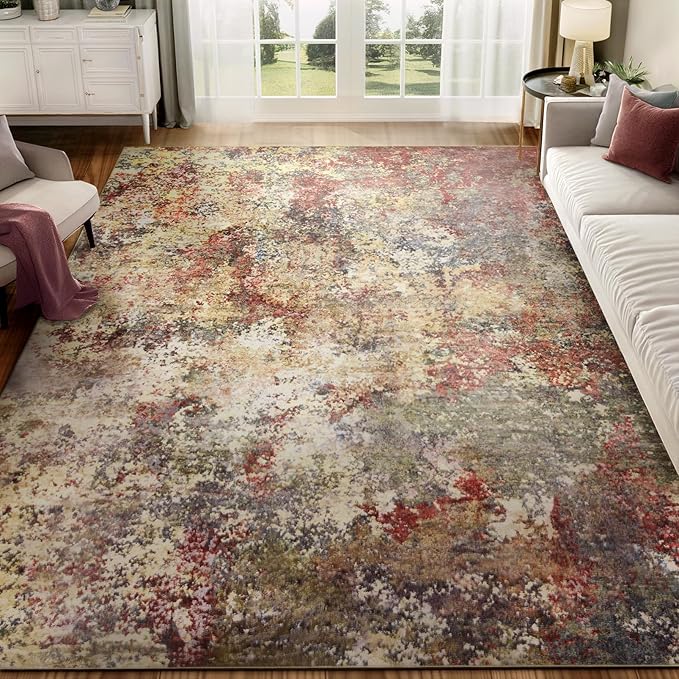 Washable Area Rug for Living Room: 6x9 Modern Abstract Neutral Soft Rug for Bedroom Dining Room No Slip Low Pile Carpet for Nursery Home Office - Red/Ivory