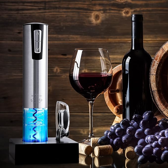 Zulay Kitchen Electric Wine Opener with Charging Base & Foil Cutter - Rechargeable Automatic Corkscrew Wine Bottle Opener for Natural & Synthetic Corks - Stainless Steel Silver