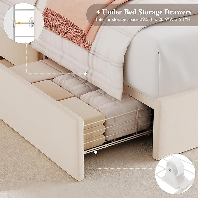 HOSTACK Queen LED Bed Frame with Storage Headboard and Charging Station, Kids Bed Frame with 4 Drawers and USB Ports, Velvet Upholstered Platform Bed Frame with Bookcase, No Box Spring Needed, Cream