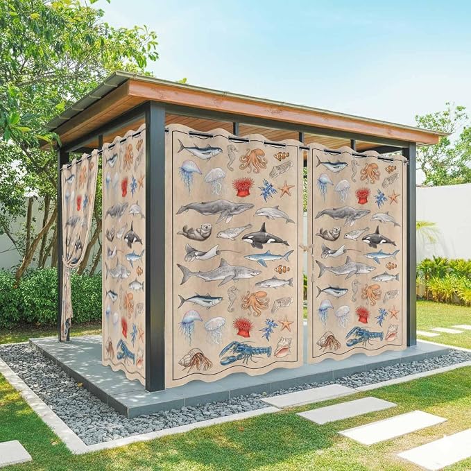 Vintage Outdoor Curtains for Patio Sharks Whales Lobsters Biographies