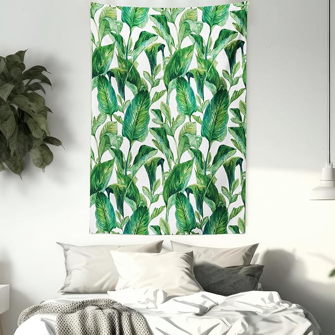 Ambesonne Leaf Tapestry, Romantic Holiday Island Hawaiian Banana Trees Watercolored Image, Fabric Wall Hanging Decor for Bedroom Living Room Dorm, 30" X 45", Forest Green