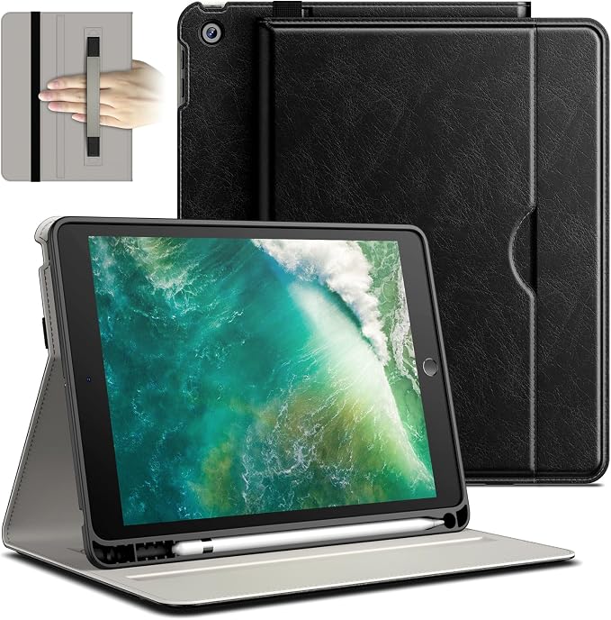 JETech Business Case Cover for iPad 6th/5th Gen 9.7 (2018/2017) Black | PU Leather Design Pencil Holder &amp Pocket Multi-Angle Viewing