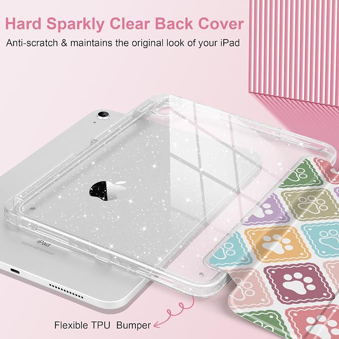 MEEgoodo Case for iPad A16 11th Generation 2025/10th Generation 2022 Glitter Tablet Cases with Transparent Acrylic Back+Trifold Stand +Pencil Holder+Auto Wake/SleepAbstract Sun &amp Palm Tree
