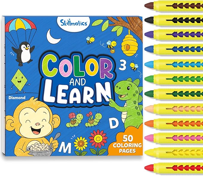 Skillmatics Color & Learn Activity Book – Letters, Numbers, Phonics & Shapes, 12 Retractable Mess-Free Crayons & 50 Pages, Educational Gift for Toddlers and Preschoolers Ages 3, 4, 5, 6