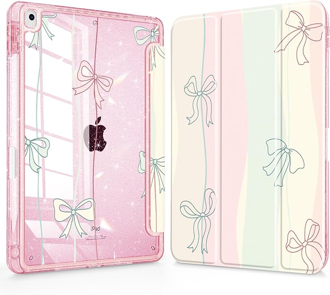 Mektron Sparkly Case for iPad 10.2 inch Glitter Tablet Cases for iPad 9th Gen 2021/8th Gen 2020/7th Gen 2019 Cover with Shiny Clear Back Shell Foldable Bling Smart Cover Blue Floral