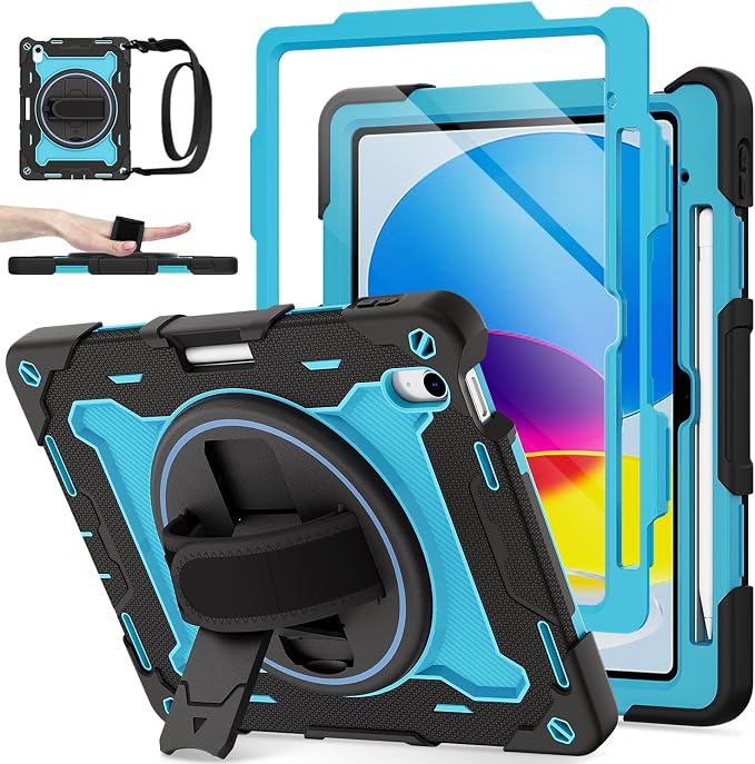 for iPad 9th 8th 7th Gen Case 10.2 inch with Screen Protector | 360° Rotating Kickstand Hand Strap Shoulder Strap Heavy Duty Military Grade - Kids Friendly