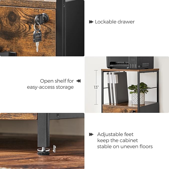 VASAGLE File Cabinet for Home Office, 2-Drawer Filing Cabinet with Lock, Open Shelf, Printer Stand, for A4 and Letter Sized Files, Adjustable Feet, Industrial, Rustic Brown and Ink Black UOFC045B01