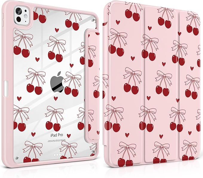 DONGKE for iPad Pro 11-Inch Case (M5 2025 / M4 2024) 6th/5th Generation [Auto Sleep/Wake &amp Pencil Pro Holder] Clear Acrylic Back Smart Trifold Stand Cover Bear &amp Cherry