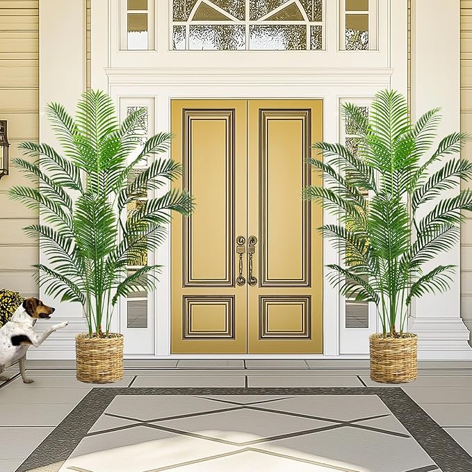 Artificial Palm Tree 7FT Artificial Plants Indoor Tropical Fake Palm Tree Areca Floor Plant in Black Pot with 18 Trunks & Real Bark Design, Faux Palm Plant for Outdoor Patio Home Room Office Decor