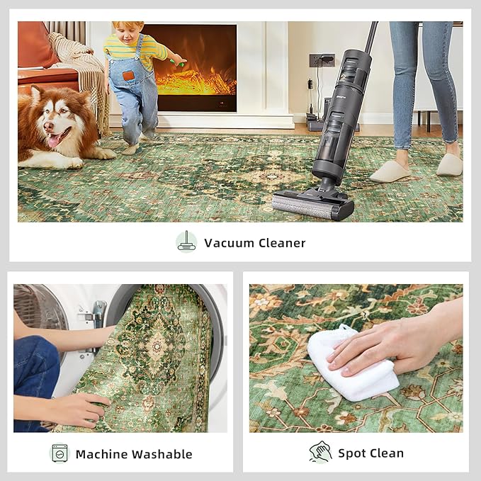 Green Rugs for Living Room - Boho 4x6 Area Rug Ultra Soft Vintage Rugs for Bedroom Playroom Decor, Low Pile Non-Slip Backing Throw Rugs Washable (Border Green