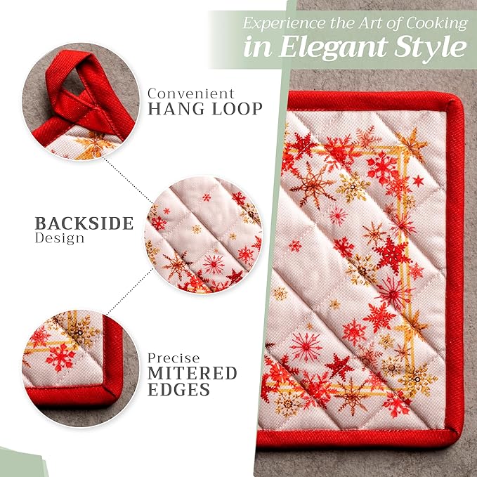Maison d' Hermine Pot Holders Set 100% Cotton Heat Resistant Potholders 8" x 8" Hot Pads with Loop for Thanksgiving Christmas Decorations BBQ Cooking Baking Handling Hot Pans (Pack of 2, Crystal Star)