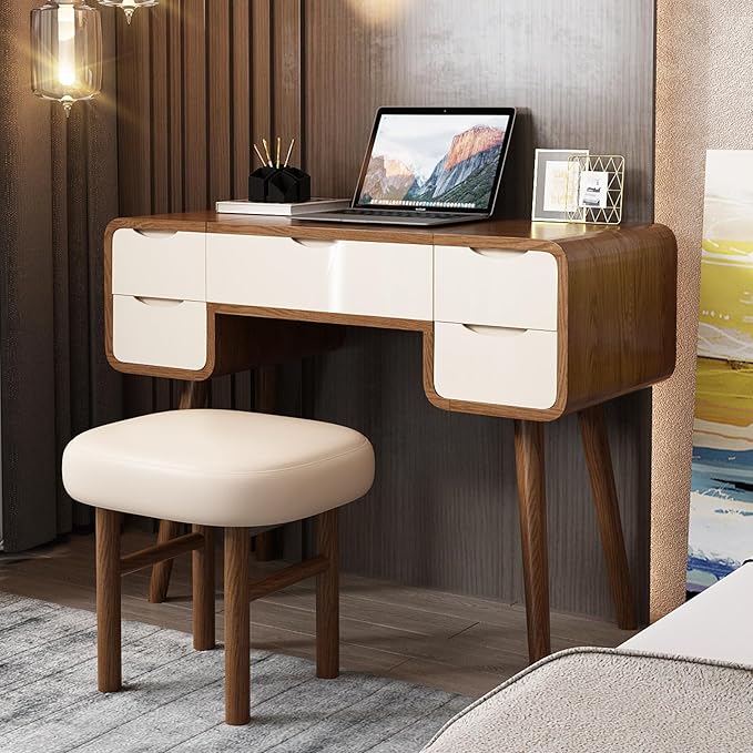 Lartis Flip Top Vanity Table Stylish Makeup Vanity with Stool, Makeup Vanity Desk, Reversible Makeup Mirror, Hidden Storage Compartment,Very Easy to Assemble,Can be Used as a Desk