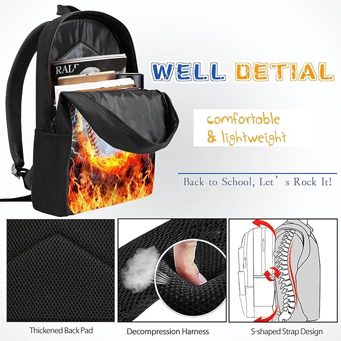 3PCS Baseball Backpack Set for Boys, Lightweight Large Backpack with Lunch Box & Pencil Case, Cool Sport Bookbag for Kids, Back to School Backpacks for Elementary & Middle School - 01