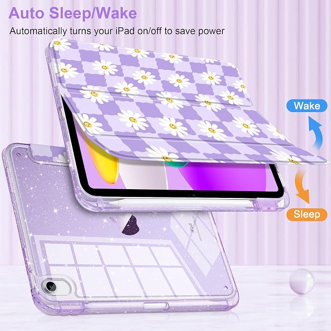 MEEgoodo Case for iPad A16 11th Generation 2025/10th Generation 2022 Glitter Tablet Cases with Transparent Acrylic Back+Trifold Stand +Pencil Holder+Auto Wake/SleepAbstract Sun &amp Palm Tree