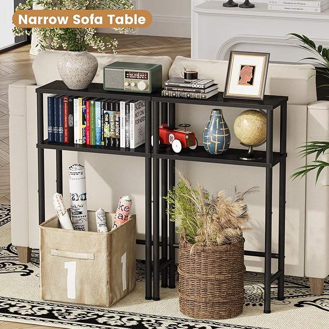 Narrow Console Table, 15.7" Small Entryway Table, 2-Tier Sofa Table with Storage, Skinny Console Tables for Entryway, Hallway, Bedroom, Living Room, Foyer, Black