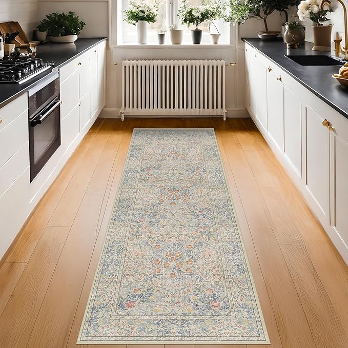 Vintage Beige Blue 3x10 Runner Rug for Hallway, Kitchen, Bathroom, Entryway Indoor, Washable Non Slip Rubber Backing Stain Resistant - Botanical Home Decor