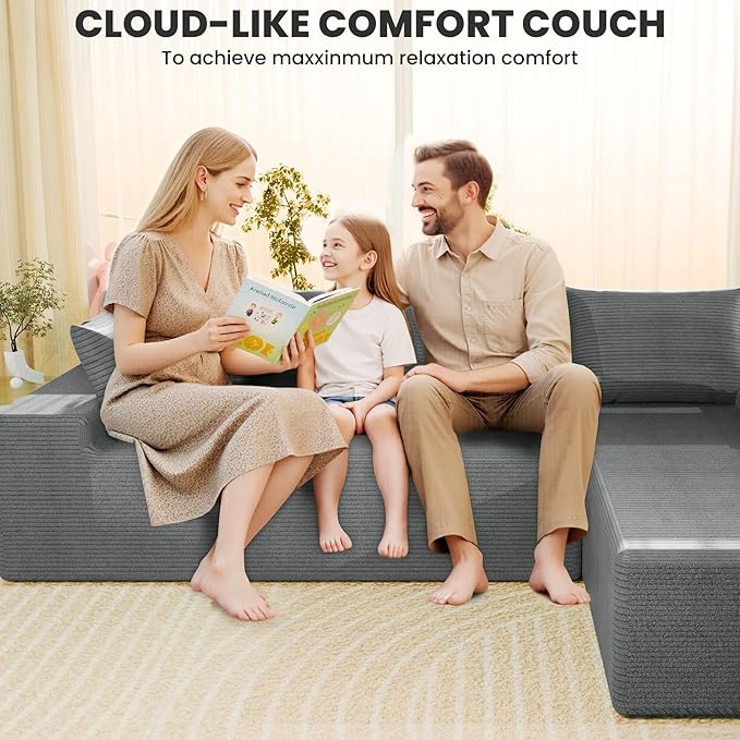 LEVELEVE 107" Cloud Sectional Couch with Deep Seat，Modern Modular Sofa with L-Shape Chaise，No Assembly Required, Upholstered Couches for Living Room Bedroom(Light Gery,Right Facing Chaise)