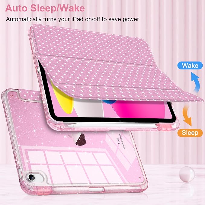 MEEgoodo Case for iPad A16 11th Generation 2025/10th Generation 2022 Glitter Tablet Cases with Transparent Acrylic Back+Trifold Stand +Pencil Holder+Auto Wake/SleepAbstract Sun &amp Palm Tree