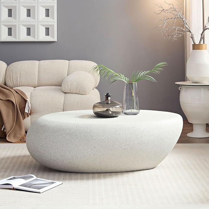 43.31" Fiberglass Elliptical Oval Coffee Table for Living Room Vintage Matte Rocks Center Table Front of The Sofa, No Need Assembly