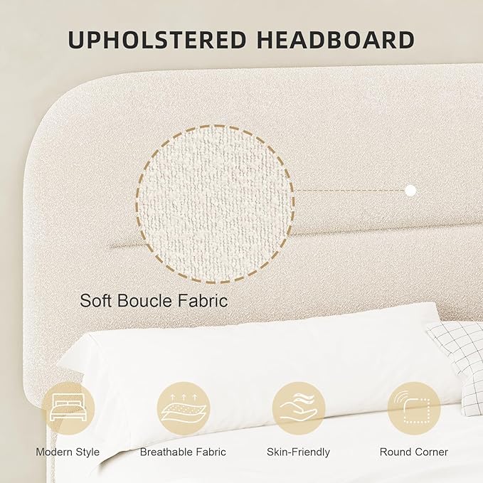 HOMBCK Queen Bed Frame with Headboard, Boucle Upholstered Soft Platform Bed Frame with Thickened Footboard, Rounded Corners Design, No Box Spring Required, Easy Assembly, Cream