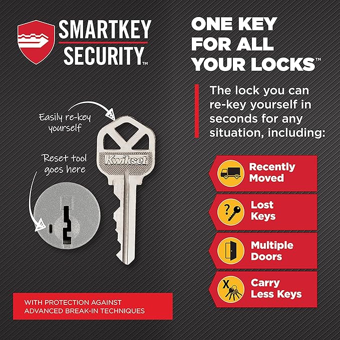 Kwikset Casey Entry Door Handle with Lock and Key, Secure Keyed Reversible Lever Exterior, for Front Entrance and Bedrooms, Satin Nickel, 4 Pack, Pick Resistant SmartKey Rekey Security and Microban