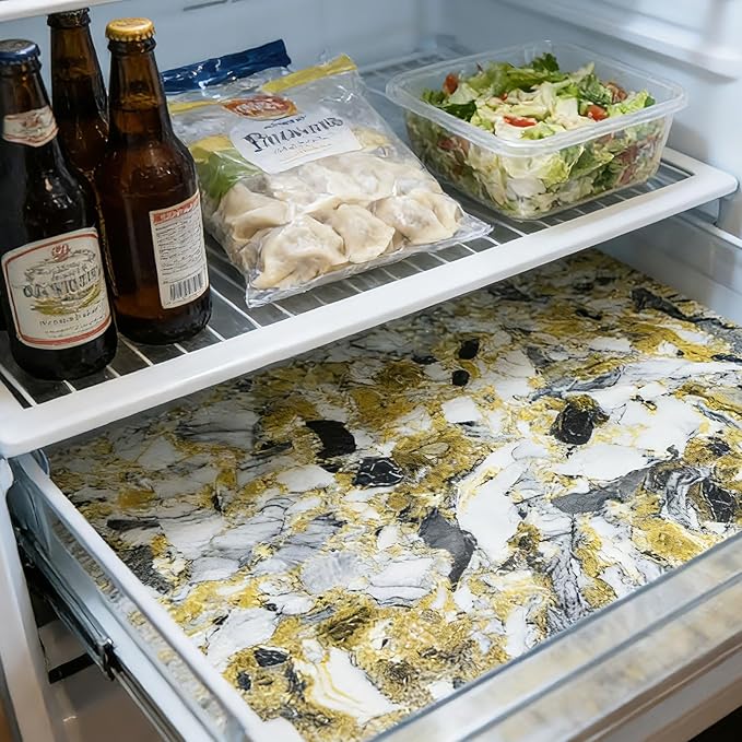 Drawer and Shelf Liner - Yellow Black Marble Pattern,Non Adhesive Non Slip Waterproof Easy-Clean Liner for Kitchen Cabinet, Refrigerator, Bathroom, Pantry Storage Drawers, 12 in x 10 Ft