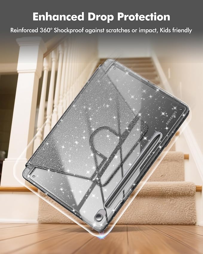 INFILAND Rotating Case for Samsung Galaxy Tab S10 FE/ S9 FE 5G 10.9 Inch/Tab S9 11 Inch 360 Cute Glitter Cover with Clear Back S Pen Holder for Girls Kids Woman (Black)