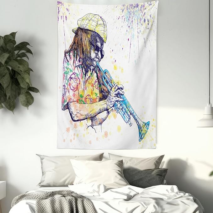 Ambesonne Jazz Music Tapestry, Illustration of Trumpeter with Paint Splashes at the Background Entertainment, Wall Hanging for Bedroom Living Room Dorm Decor, 40" X 60", Purple Yellow