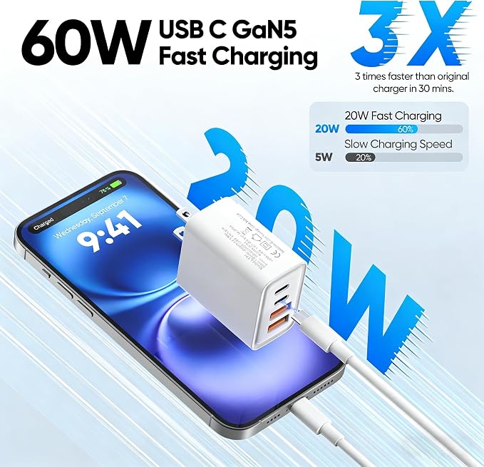 2 Pack USB C Charger Block 60W 4-Port GaN5 Super Fast Phone Charger Type C Charging Block PD 20W &amp QC 20W with 6.6FT USB C Cables for iPhone 17 Air/17/16/15 Pro Max Samsung Galaxy S24