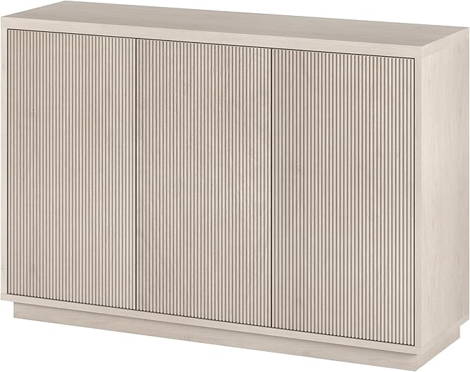 Henn&Hart 48'' Fluted Sideboard Buffet Cabinet, Modern Ribbed Credenza with 3 Doors, Adjustable Shelves, and Cable Management Cut-Outs for Dining Room, Kitchen, Living Room or Entryway, Alder White