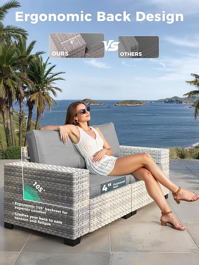 15 Piece Outdoor Wicker Rattan Sectional Sofa Set with Swivel Chairs, 12-Seats Patio with 4" Thickened Cushions & Coffee Table, All-Weather PE Rattan for Garden, Backyard, Porch, Grey