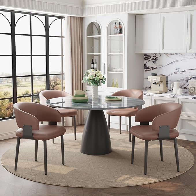 Modern Dining Chairs Set of 2, Faux Leather Upholstered Kitchen Chairs with Curved Back and Metal Legs, Mid Century Chairs for Dining Room, Kitchen, or Café (Brown)