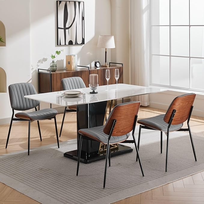 Dining Chairs Set of 4, Mid-Century Modern Upholstered PU Leather Chairs with Walnut Bentwood Back and Metal Legs Adjustable Feet for Kitchen Dining Room, Gray Vertical Stripes