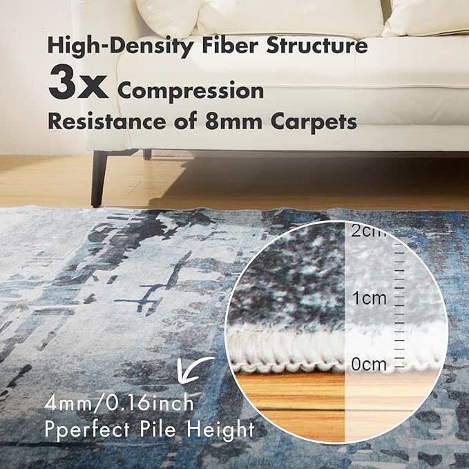 6x9 Soft Washable Area Rugs for Living Room and Bedroom, Non-Slip Stain Resistant Indoor Carpet, Cozy Floor Mat for Dining Room, Office, Under TableStain Resistant Blue