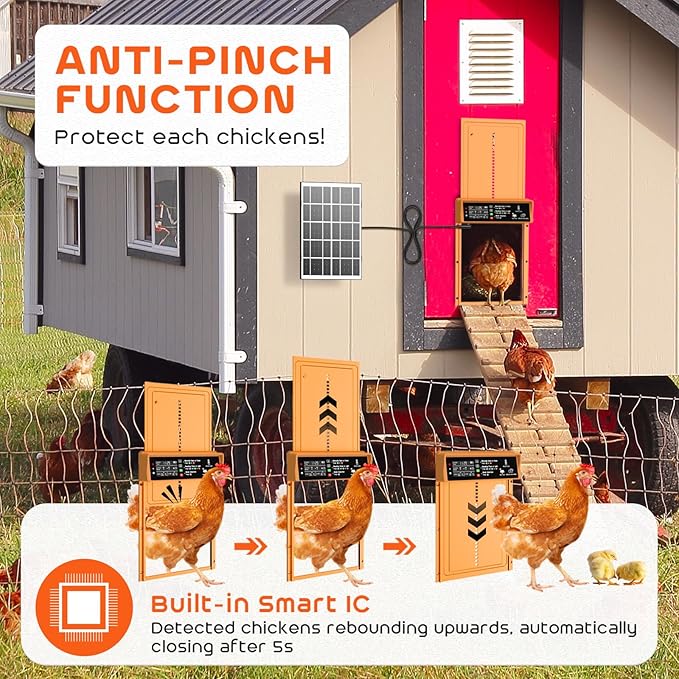 Asfrost Automatic Chicken Coop Door Solar Powered Automatic Chicken Door with Timer & Light Sensor, Anti-Pinch, Durable Aluminum Auto Chicken Door, Charge with 7W Solar Panel & USB - Orange
