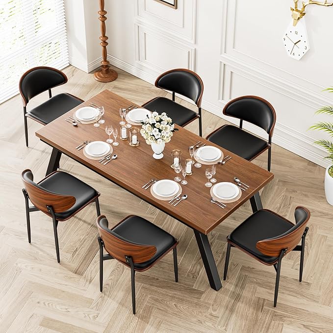 Dining Chairs Set of 2, Dining Room and Kitchen Chairs, Mid Century Modern Retro Chair, Upholstered PU Leather Chairs for Vanity with Walnut Bentwood and Metal Legs (Black)