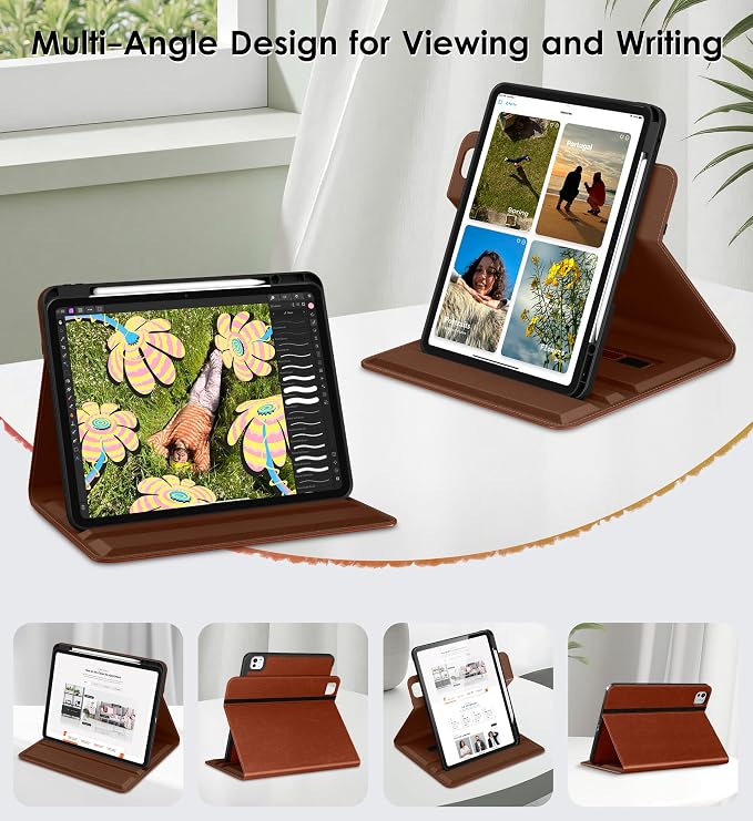 DTTO for iPad Pro 13 Inch Case M5 / M4 (2025/2024) Brown | 360 Degree Rotating Premium Faux Leather Folio Stand Cover with Pencil Holder Auto Sleep/Wake Multiple Angles