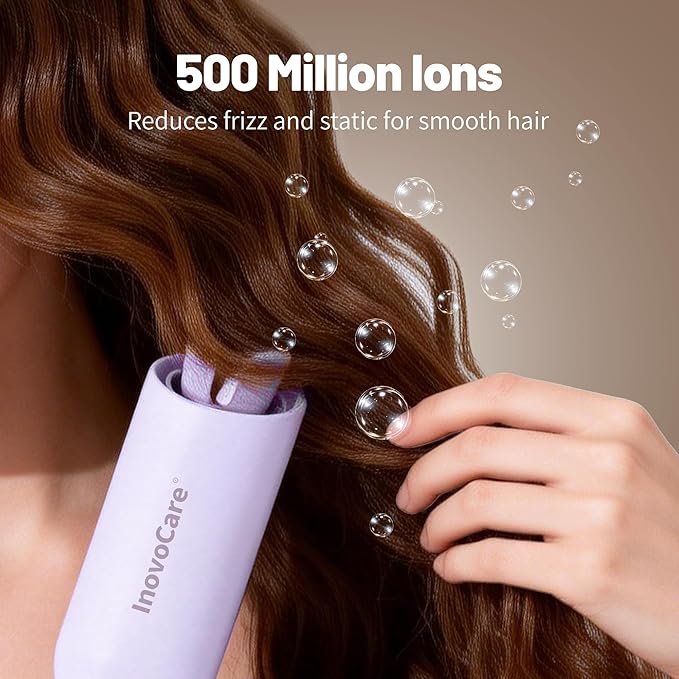 Inovocare Upgraded Automatic Rotating Curling Iron - CurlPro Plus Long Barrel Curling Wand for Long Hair, Ceramic Hair Curler for Women, Anti-Scald, Tangle-Free, 600M Ionic, Dual Voltage (Lavender)