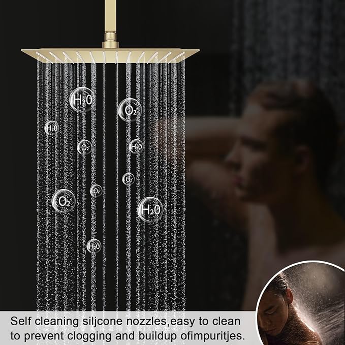 KATAIS Shower Faucet Set Brushed Gold Shower System, Temperature Display Shower Faucet with 12 inch Ceiling Mount and 8 inch Wall Mount Shower Head, with 6 PCS Body Jet and Handheld Spray