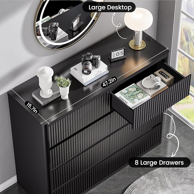 Black Dresser for Bedroom, 8 Drawers Double Fluted Dressers, Modern Chest of Drawers with Curved Profile, Handleless, Storage Closet Dressers for Bedroom, Living Room, Entryways, Natural