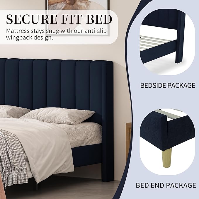 Queen Size Upholstered Platform Bed Frame with Modern Wingback & Vertical Panel Headboard, Linen Fabric, Wooden Legs & Slats Support, No Box Spring Needed, Noise-Free & Easy Assembly, Dark Blue