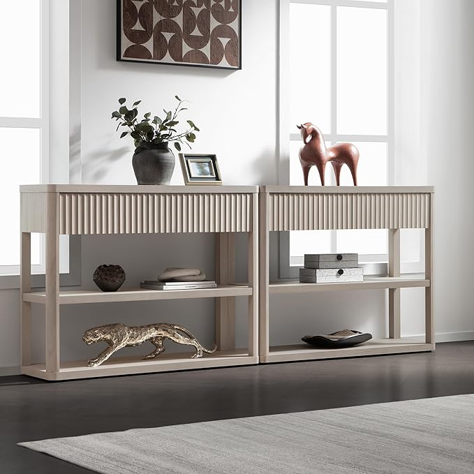 SICOTAS Fluted Entryway Table with Storage, 44.13" W Console Table with 2 Drawers & 2 Tier Storage Shelves, Modern Sofa Table Behind The Couch for Living Room, Entrance, Hallway, Foyer, White Alder