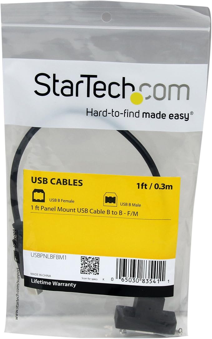 StarTech.com 1 ft Panel Mount USB Cable B to B - F/M - USB Type B (F) to USB Type B (M) - USB 2.0 - Molded Hood - Black (USBPNLBFBM1) (Pack of 2)