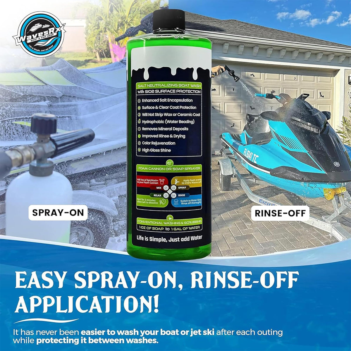 WavesRx Salt Neutralizing Boat Soap & Jet Ski Wash with SiO2 Surface Protection (EpicWash+) | Marine Grade Cleaner Removes Salt & Contaminants | Protective Ceramic Coating Prevents Buildup & UV Damage