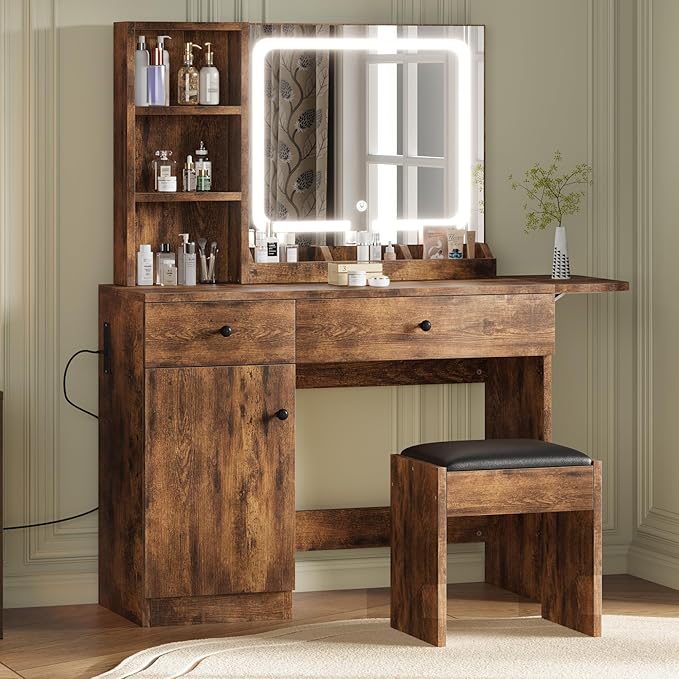 GarveeHome Makeup Vanity Desk with Mirror and Lights, Vanity Table Set with Drawer & Power Outlet ＆ Chair & 3 Shelves, Bedroom, Brown