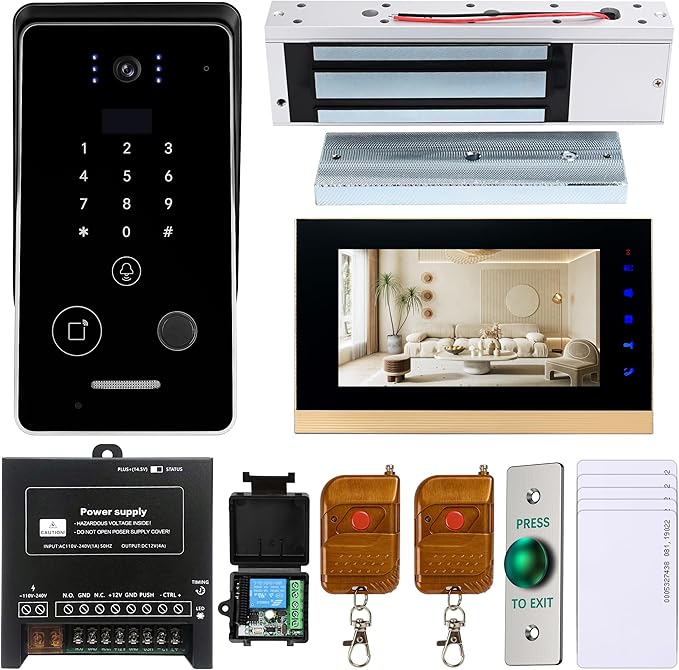Smart Home 7-Inch Video Intercom Doorbell System with HD Display & Touch Keypad, Fingerprint/Key Card/Password/Remote Unlock, 1200lbs Magnetic Lock (NC) & Exit Button for Homes & Villas