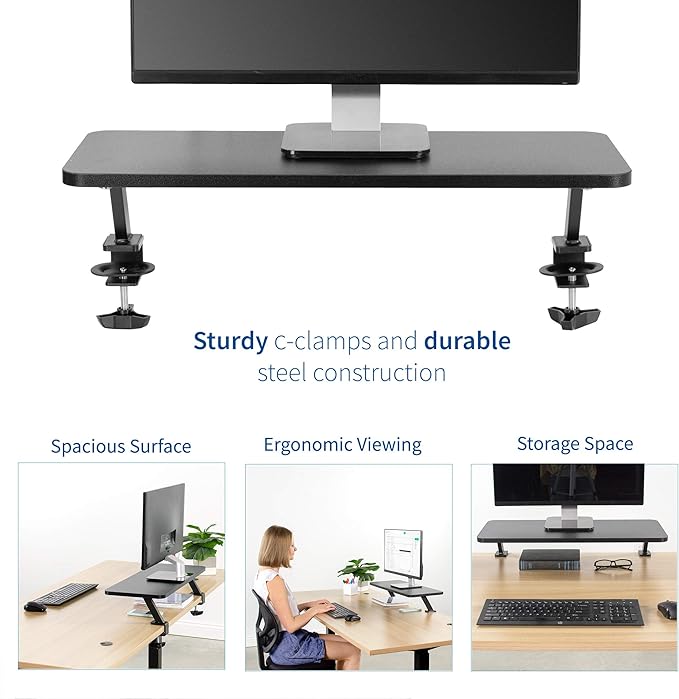 VIVO Black Clamp-on Small 26 inch Ergonomic Desk Shelf, Single Computer Monitor Stand Riser - Desk Organizer Holds 1 Screen or Laptop STAND-SHELF24B