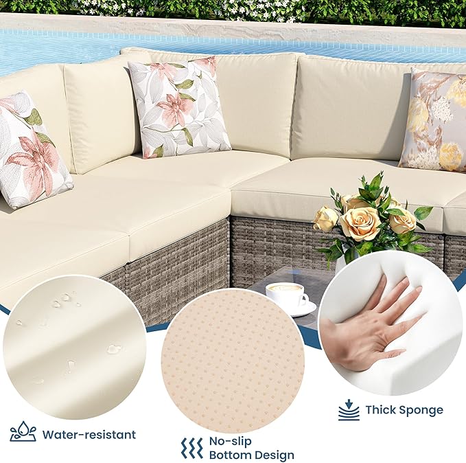 8 Pieces Outdoor Patio Furniture Set with 43" Fire Pit Table, Wicker Outdoor Patio Sectional Sofas with Coffee Table and Cushions, All-Weather Patio Conversation Set for Backyard Garden, Beige