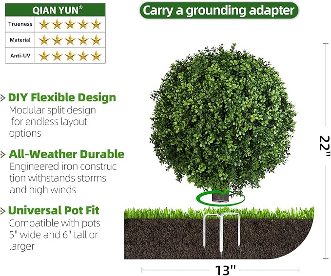 QIANYUN Artificial Boxwood Ball Bush- Faux Boxwood Decorative Balls for Backyard, Balcony,Garden, Wedding and Home Décor (2, 22inch)